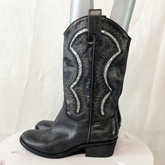 Reba Genuine Leather Womens Sz 6.5M Glitter Embellished Western Black Boots - Picture 2 of 11